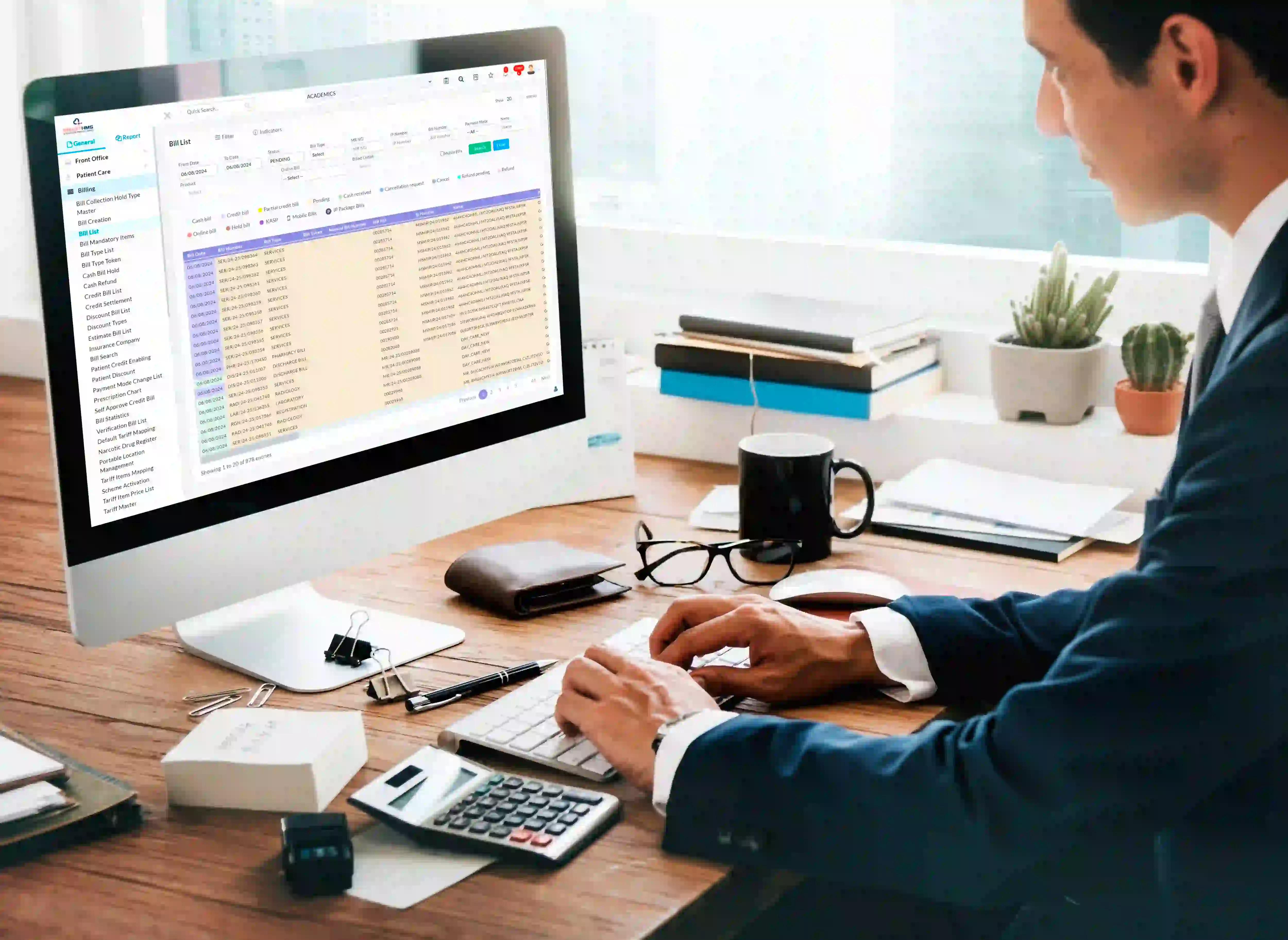 Billing executive working through a list of pending hospital bills in the SmartHMIS billing module
